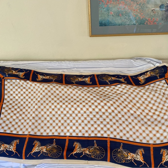 Scarf wrap equestrian horse Ralph Lauren look Blue Orange silk feel chic HUGE - Picture 2 of 6